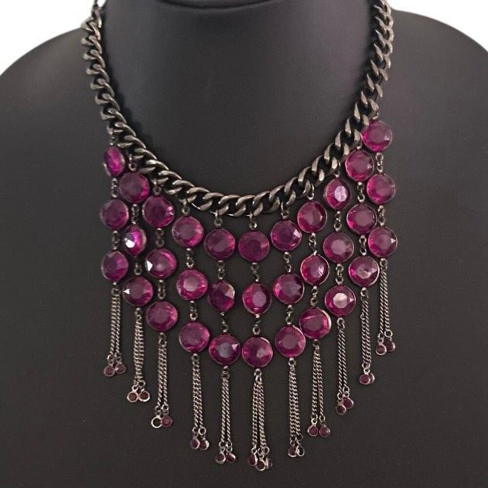 Vintage Bib Statement Necklace Women's Gunmetal Chain Magenta Faceted Stones